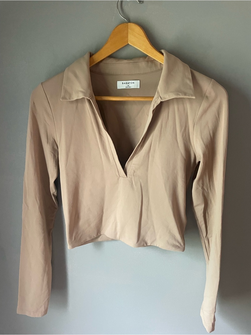 Babaton Taupe Cropped Long-Sleeve Polo Top